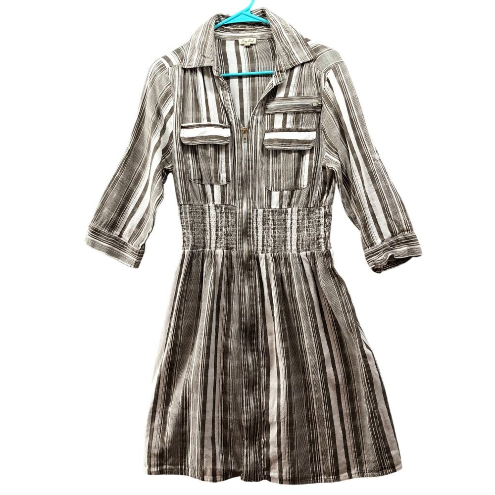 Kings Road Cotton Shirt Dress Womens L 3/4 Sleeve Brown White Striped Zip